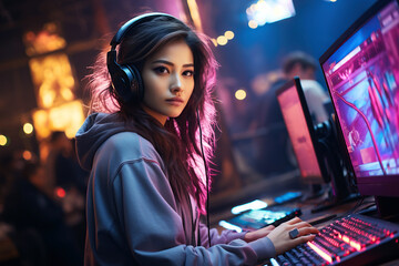 asian girl esports player in headphones playing at computer at a competition