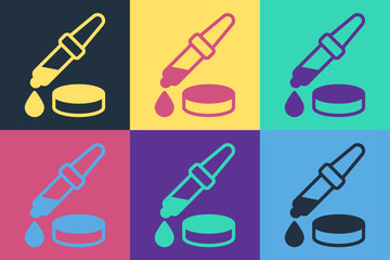 Pop art Pipette icon isolated on color background. Element of medical, chemistry lab equipment. Pipette with drop. Medicine symbol. Vector
