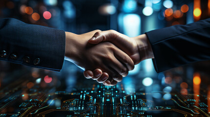 Two people shake hands on business. Technology and circuit boards in the background - obrazy, fototapety, plakaty