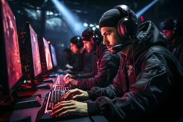 team of male teenagers esports players with headphones playing at computers at cybersport online...