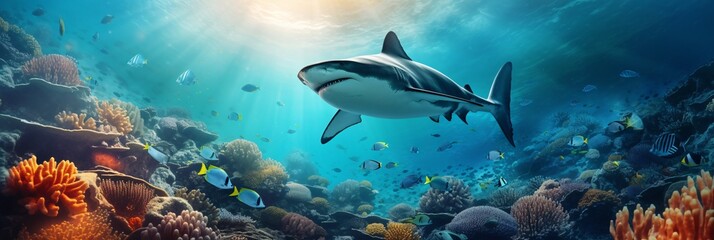 Fototapeta na wymiar a shark swimming in coral reef hyperrealistic animal illustrations wallpaper