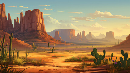 A desert scene with a cactus and mountains