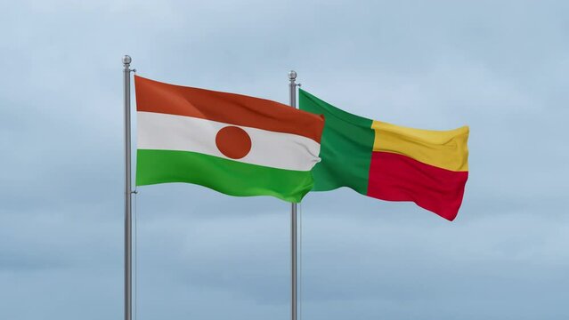 Niger flag and Benin flag waving together on cloudy sky, endless seamless loop