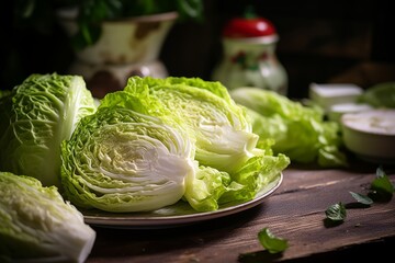 A fresh, organic Napa cabbage beautifully displayed on a rustic wooden table, surrounded by other fresh vegetables and herbs from the garden, under the warm glow of natural sunlight