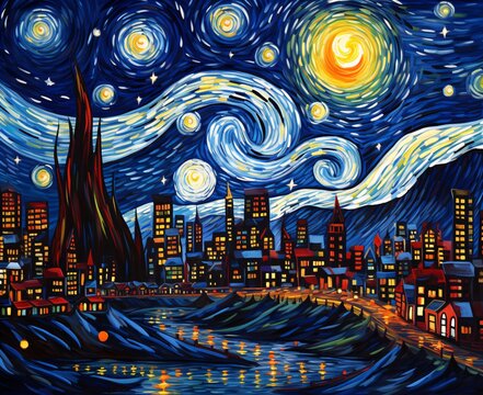 painting of a city starry night on canvas for the use of neo-expressionism oil paintings