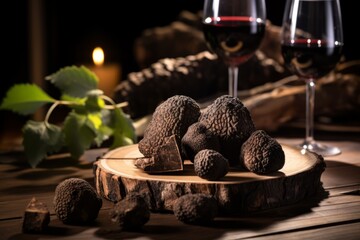 A close-up shot of luxurious black truffles freshly harvested from the earth, resting on a rustic wooden table, with a truffle slicer and a glass of red wine in the background - obrazy, fototapety, plakaty
