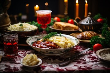 A traditional Polish Christmas Eve dinner table set with a bowl of clear borscht soup served with homemade Uszka, a type of dumplings filled with mushrooms and cabbage - obrazy, fototapety, plakaty