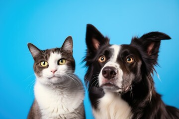 Tabby cat and border collie dog against blue gradient background