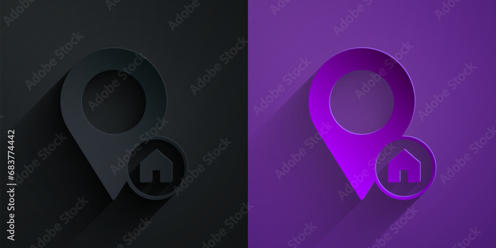 Poster paper cut map pointer with house icon isolated on black on purple background. home location marker s