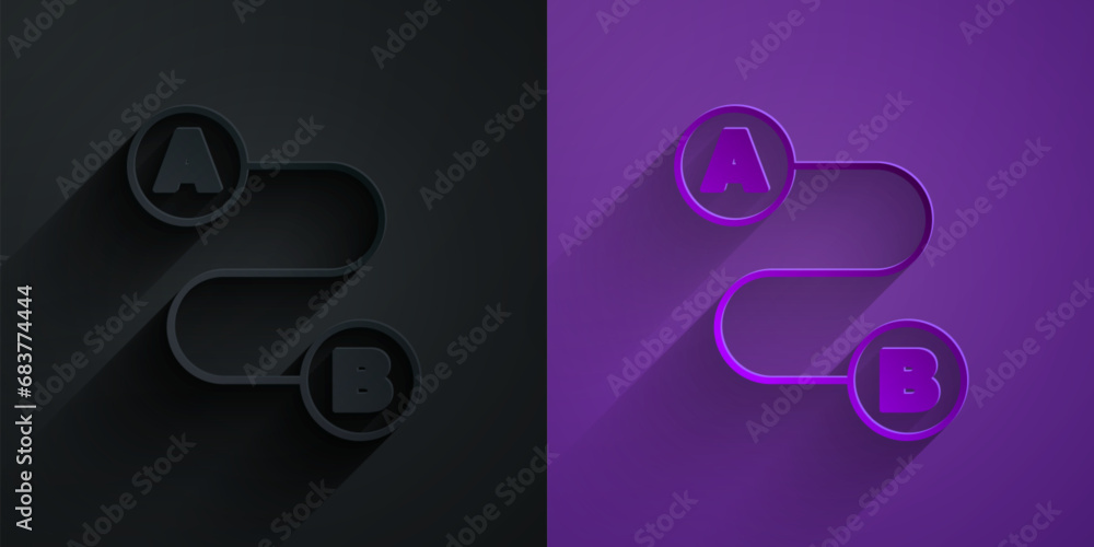 Poster paper cut route location icon isolated on black on purple background. map pointer sign. concept of p