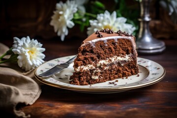 A delectably moist slice of homemade chocolate cake, layered with rich ganache and topped with a dusting of powdered sugar, sits invitingly on a vintage porcelain plate