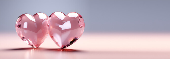Two pink crystal hearts on a pink-purple background with empty space generated AI