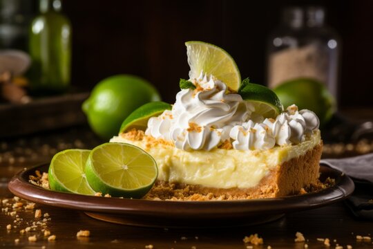 An Enticing Close-up Shot Of A Freshly Baked Key Lime Pie Garnished With Whipped Cream And Thin Lime Slices, Served On A Rustic Wooden Table With A Vintage Pie Server