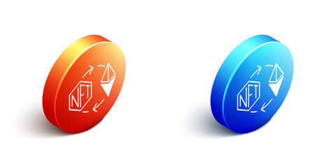 Isometric Ethereum exchange NFT icon isolated on white background. Non fungible token. Digital crypto art concept. Orange and blue circle button. Vector - obrazy, fototapety, plakaty