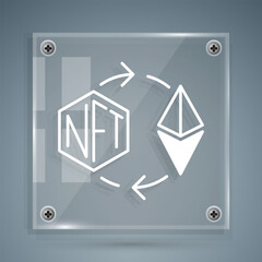 White Ethereum exchange NFT icon isolated on grey background. Non fungible token. Digital crypto art concept. Square glass panels. Vector - obrazy, fototapety, plakaty
