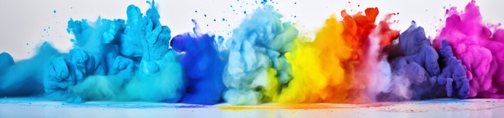 rainbow colored powder is spray painted on the background of white background impressionist collages with primary colors light blue and green, header size - obrazy, fototapety, plakaty