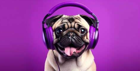 pug with headphones wearing purple on purple background, colorful, eye-catching compositions, high gloss - obrazy, fototapety, plakaty