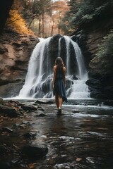 woman in realistic waterfall in long exposure