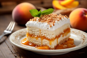 A delectable slice of Chaja, a traditional Uruguayan dessert, beautifully presented on a white plate, garnished with fresh peaches and whipped cream - obrazy, fototapety, plakaty