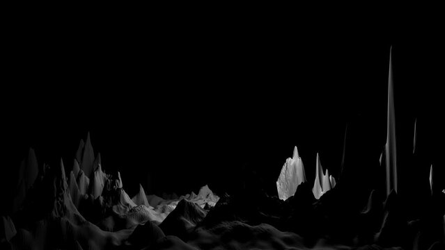 Abstract seething waves. Isometry 3d square area. Abstract landscape background. 3D technology animated landscape. Digital Terrain Cyberspace. Black on White. Scary place on an uncharted planet
