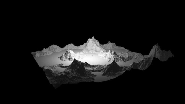 Isometry 3d square area. Abstract landscape background. 3D technology animated landscape. Digital Terrain Cyberspace in Mountains with valleys. Black on White. Scary place on an uncharted planet