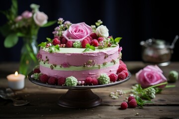 Obraz na płótnie Canvas A beautifully decorated Swedish Princess Cake, with its distinctive green marzipan covering and pink rose adornment, sitting elegantly on a rustic wooden table
