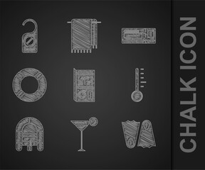 Set Travel brochure, Martini glass, Rubber flippers, Meteorology thermometer, Rafting boat, Lifebuoy, ticket and Please do not disturb icon. Vector