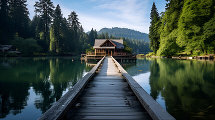 Fototapeta premium Dock leading to a tranquil house on a lake
