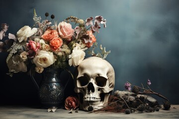 Still life featuring skull and flowers on monochrome background