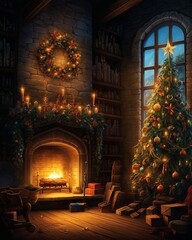 Fototapeta na wymiar interior christmas. magic glowing tree, fireplace, gifts in dark 