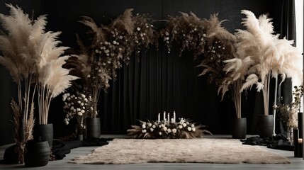 Backdrop of black boho minimalist room with arch and flowing black curtains, white wedding flowers, oversize black pampas grass, oversize black ginko flowers, wedding backdrop, maternity backdrop - obrazy, fototapety, plakaty
