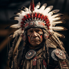 Obraz premium Native American Warrior in Ceremonial Attire