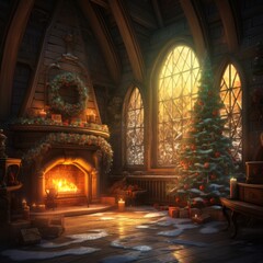 interior christmas. magic glowing tree, fireplace, snowing outside 