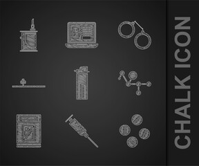 Set Lighter, Syringe, Medicine pill or tablet, Cannabis molecule, Cigarettes pack box, Opium pipe, Handcuffs and Electronic cigarette icon. Vector