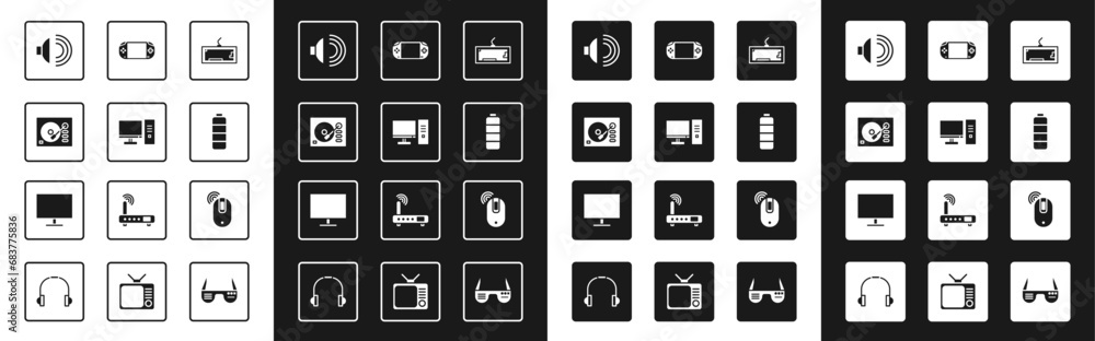 Poster set keyboard, computer monitor, vinyl player, speaker volume, battery charge level indicator, portab