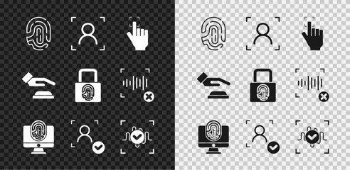 Set Fingerprint, Face recognition, Monitor with fingerprint, Voice, Palm and lock icon. Vector