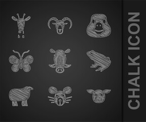 Set Wild boar head, Rat, Pig, Frog, Sheep, Butterfly, Goose bird and Giraffe icon. Vector