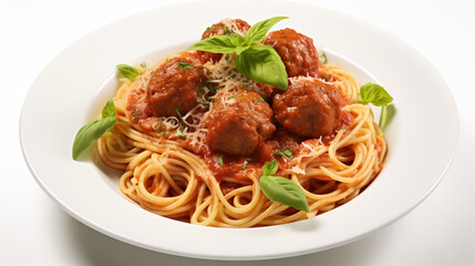 Classic Italian Spaghetti and Meatballs on Isolated White Background