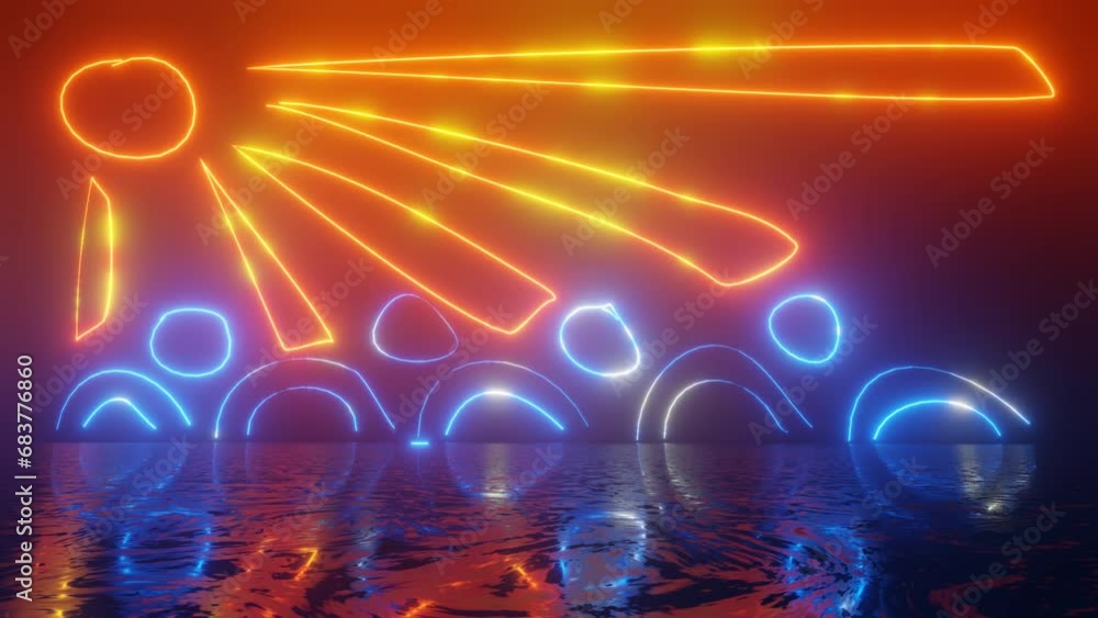 Poster neon doodles. neon design 4k video with various neon elements and a reflecting floor. looped 3d rend