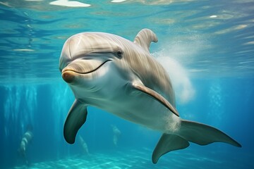 Obraz premium Intelligent Gaze: Close-Up of a Dolphin in the Blue Ocean