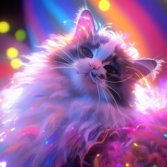 cat, kaleidoscopic, Androgynous, Gloomcore, ultra wide-angle, CGsociety, Soft focus, Installation, jazzy colors, Mall Ninja, sun lighting, Ultra-realistic, highly detailed, PBR materials, Unity engine