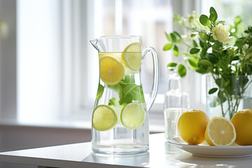 A cool drink with lime and lemon in a decanter in the bright kitchen of the house opposite the window, healthy eating and lifestyle, detox. - obrazy, fototapety, plakaty