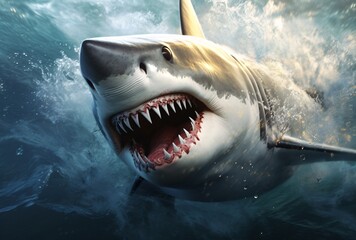 Naklejka premium the shark is swimming in the ocean hyperrealistic illustrations dark white and amber strong facial expressions