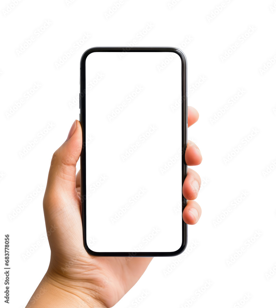 Aufkleber hand holding a modern smartphone with blank screen on transparent background. technology concept. ge