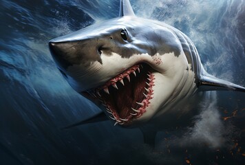 Naklejka premium the shark is swimming in the ocean hyperrealistic illustrations dark white and amber strong facial expressions