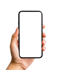 Fototapeta na wymiar Hand holding a modern smartphone with blank screen on transparent background. Technology concept. Generative AI