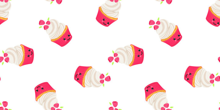 Cute cartoon cupcake with raspberry on white. Seamless pattern repeating texture background design. For fashion graphics, textile prints, fabrics. Vector illustration