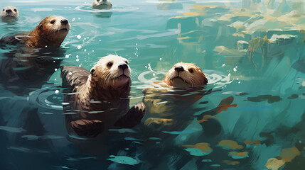 A group of sea otters swimming in the ocean together