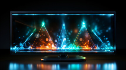 a very large widescreen monitor in a dark atmosphere displays neon-colored futuristic graphs
