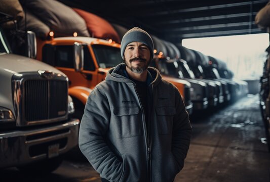 the man in a beanie standing in a garage with many semi trucks, indigenous culture, prairiecore, studio portrait